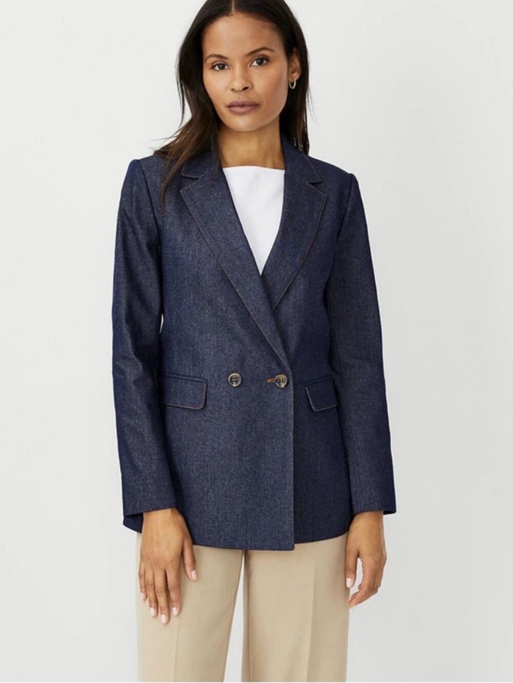Ann Taylor Loft Navy Blue Heavy Chambray Denim, Double Breasted Blazer Jacket 2